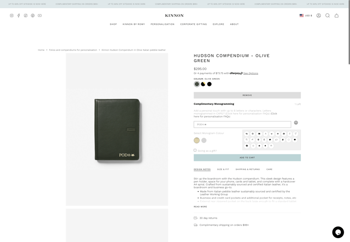 Kinnon Shopify store product customization example — apparel & accessories with personalized and monogram