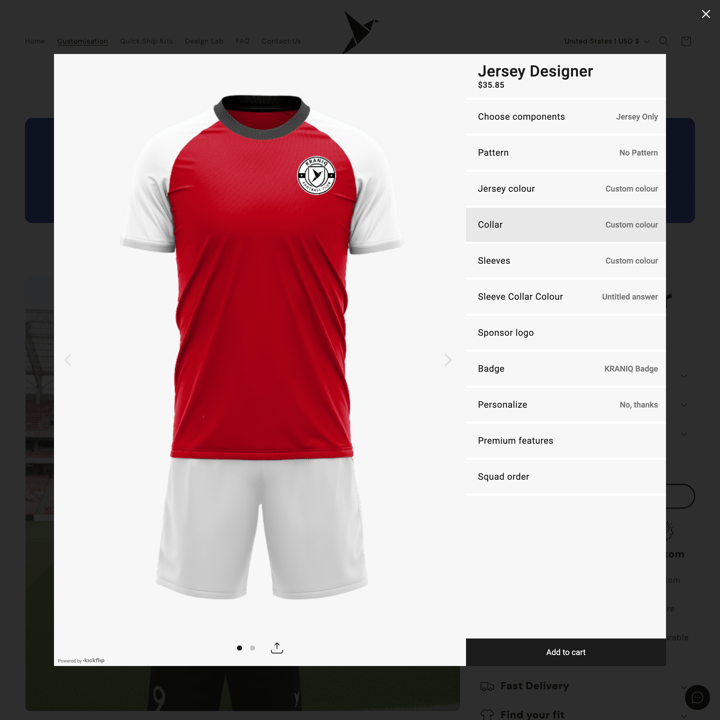 Kraniq Shopify store product customization example — sports & outdoors with sports and color picker