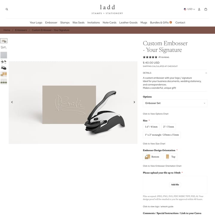 Ladd Stamps Shopify store product customization example — gifts & occasions with gifts and live preview