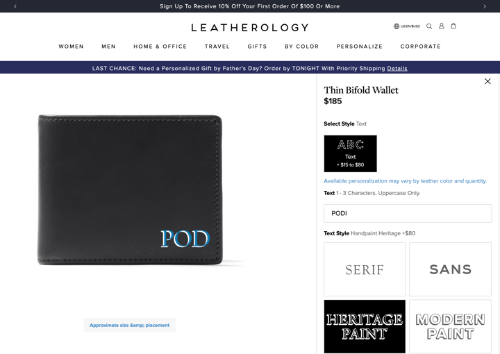 Leatherology Shopify store product customization example — apparel & accessories with personalized and monogram