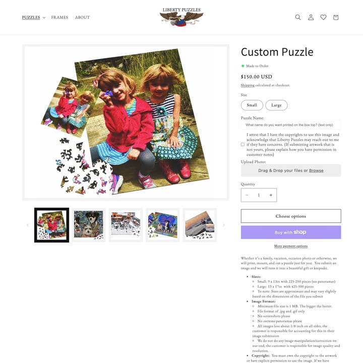 Liberty Puzzles Shopify store product customization example — gifts & occasions with gifts and live preview