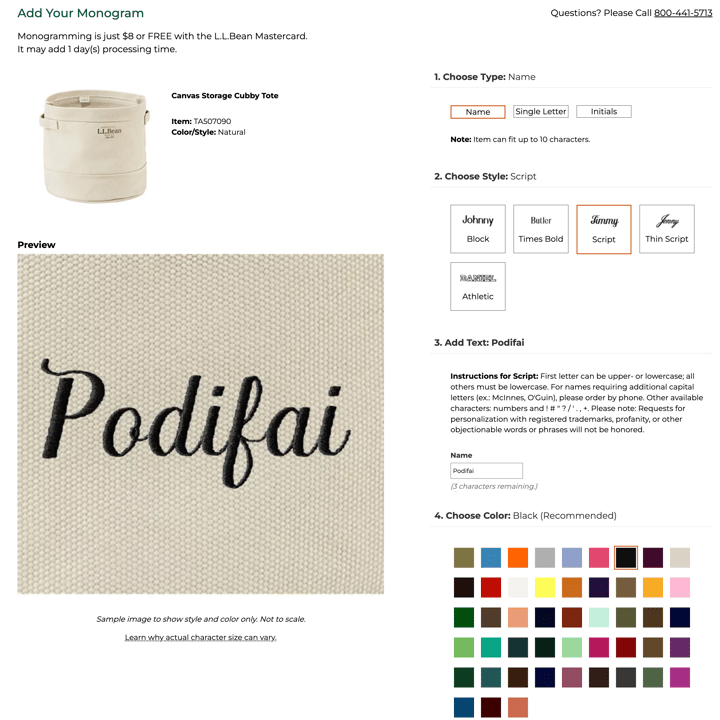 L.L.Bean Business store product customization example — apparel with apparel and clothing