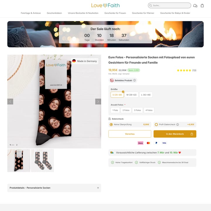 Love & Faith Deutschland Shopify store product customization example — apparel with live preview and material choice