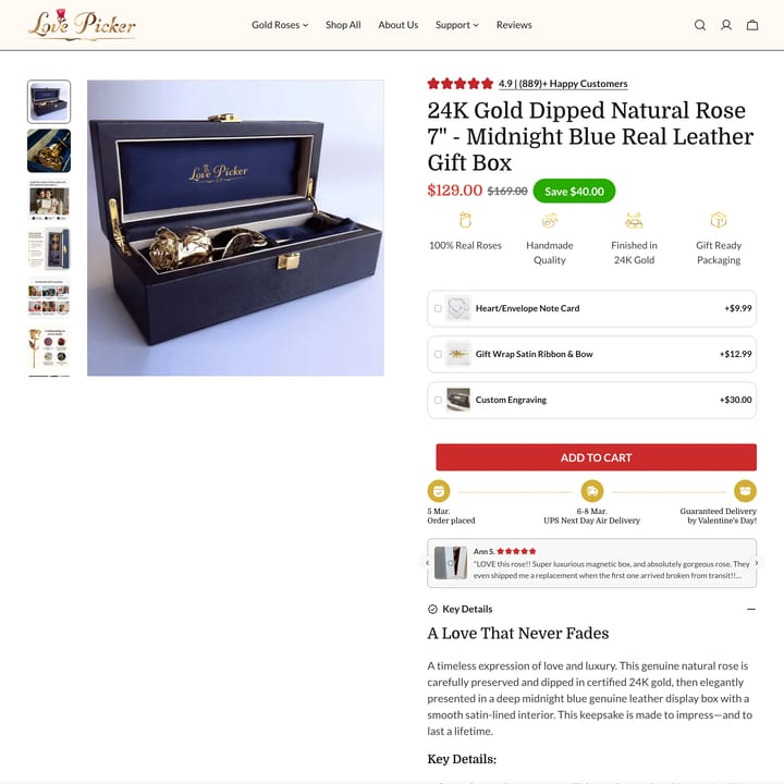 Lovepicker Shopify store product customization example — gifts & occasions with custom built and engraving