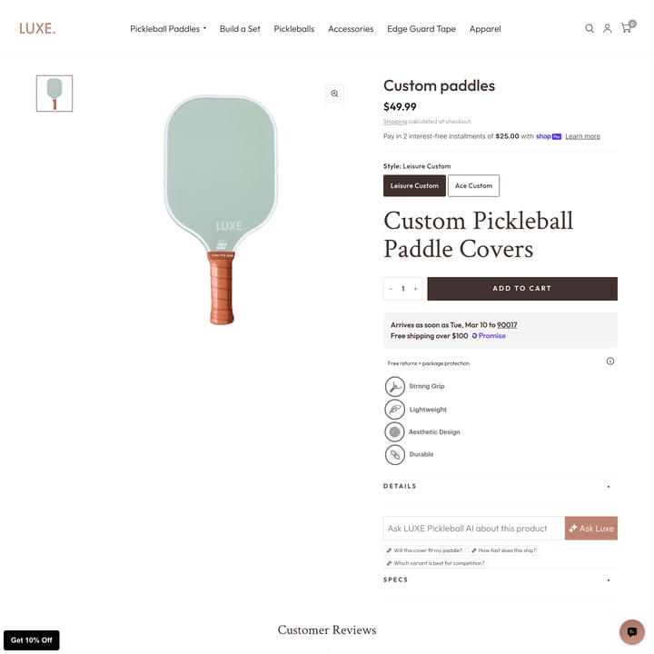 LUXE Pickleball Shopify store product customization example — sports & outdoors with live preview