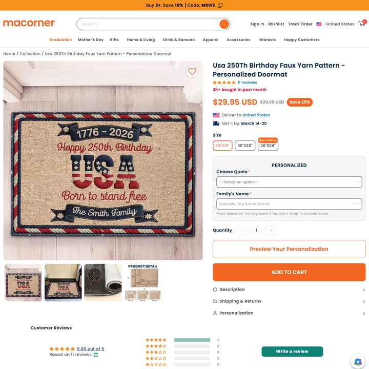 Macorner Shopify store product customization example — gifts & occasions with custom print and custom size