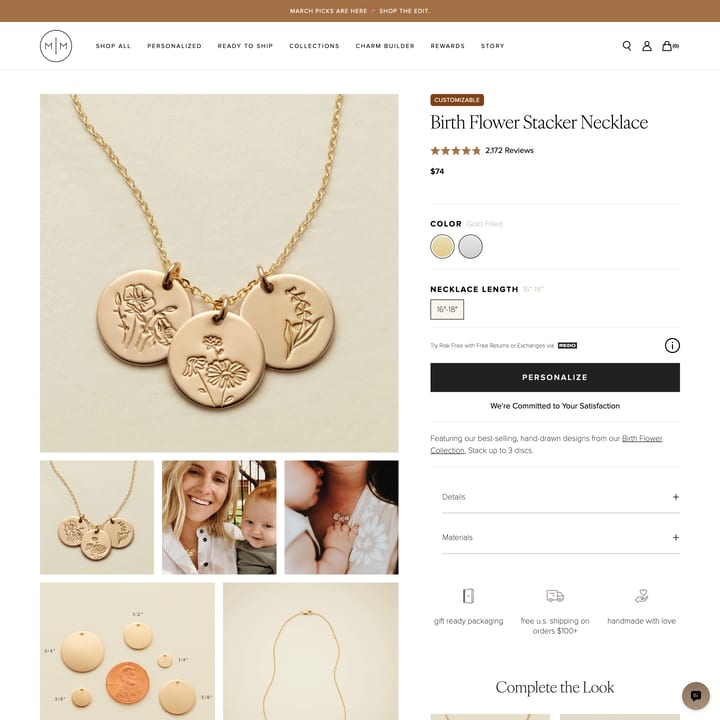 Made By Mary Shopify store product customization example — jewelry with accessories and color custom