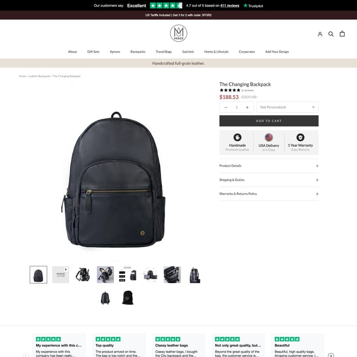 MAHI Leather Shopify store product customization example — apparel with apparel and clothing