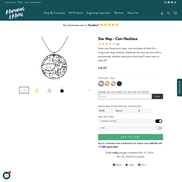 Memories & Metal Shopify store product customization example — jewelry with accessories and color custom