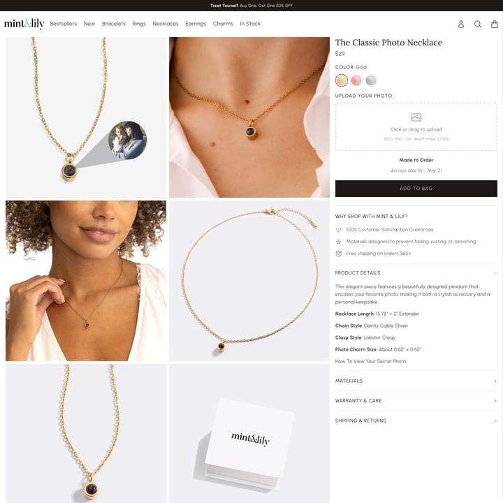 Mint & Lily Shopify store product customization example — jewelry with accessories and jewelry