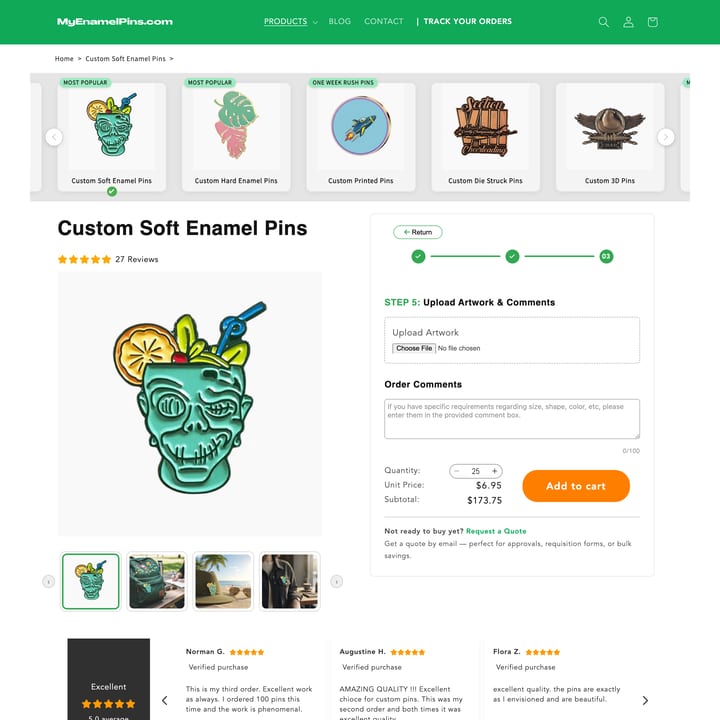 Myenamelpins Shopify store product customization example — jewelry with accessories and custom size