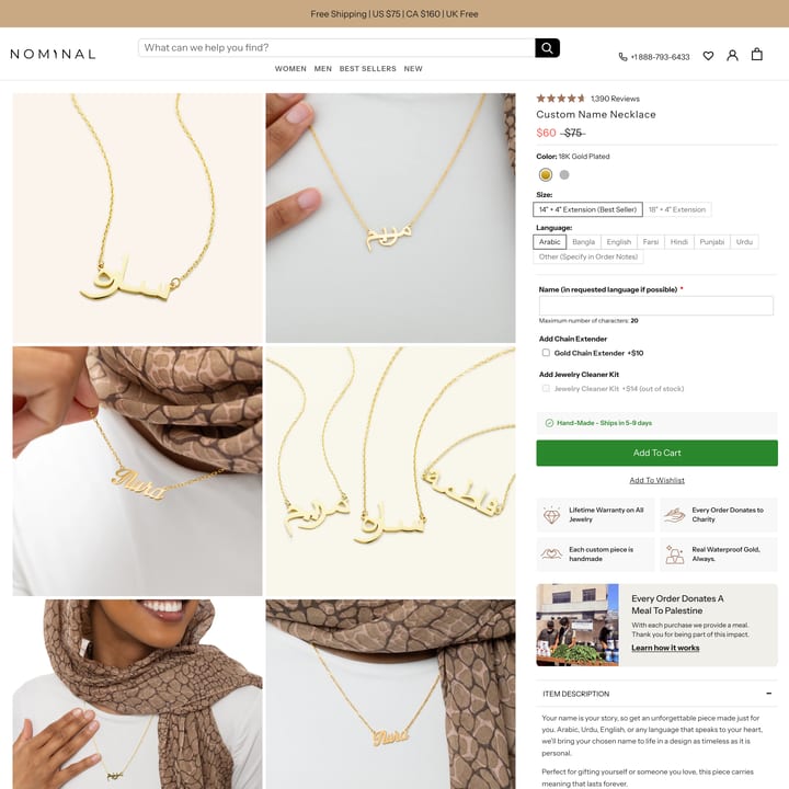 Nominal Shopify store product customization example — jewelry with accessories and custom size