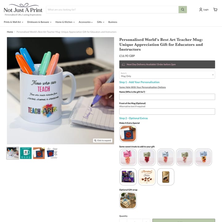 Not Just A Print Shopify store product customization example — gifts & occasions with gifts and personalized