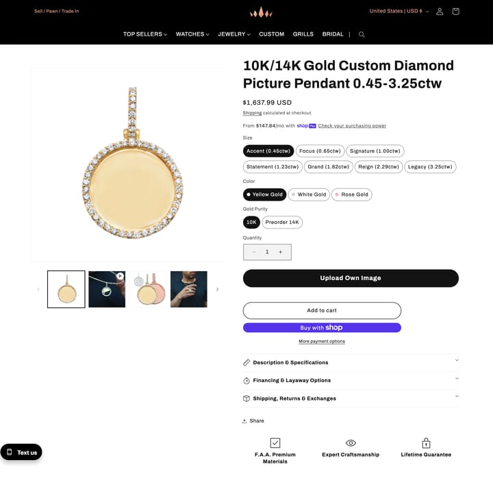 NYC Luxury Shopify store product customization example — jewelry with accessories and engraving