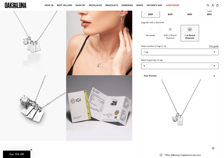 Oak & Luna store product customization example — jewelry with personalized and monogram