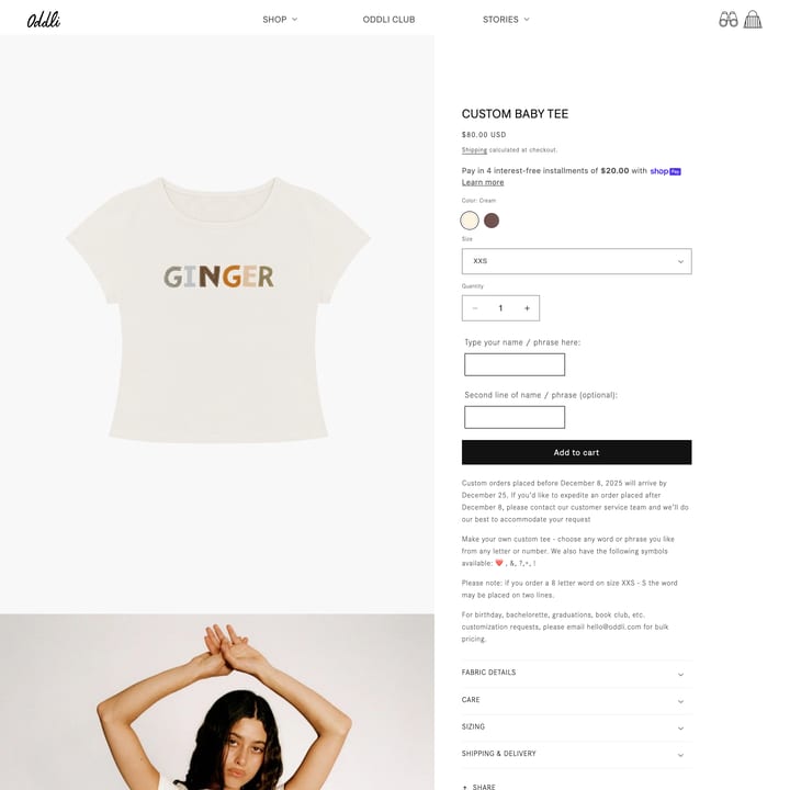 ODDLI INC. Shopify store product customization example — apparel with apparel and clothing
