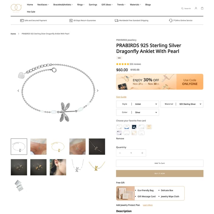 ONLYONEJEWELLERY Shopify store product customization example — jewelry with accessories and custom size