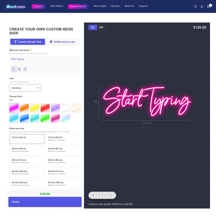 Orant Neon Shopify store product customization example — home decor with color custom and decor