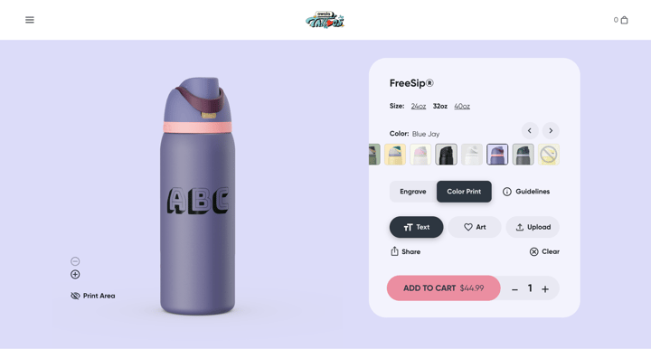 Owala Custom Shopify store product customization example — gifts & occasions with personalized and custom print