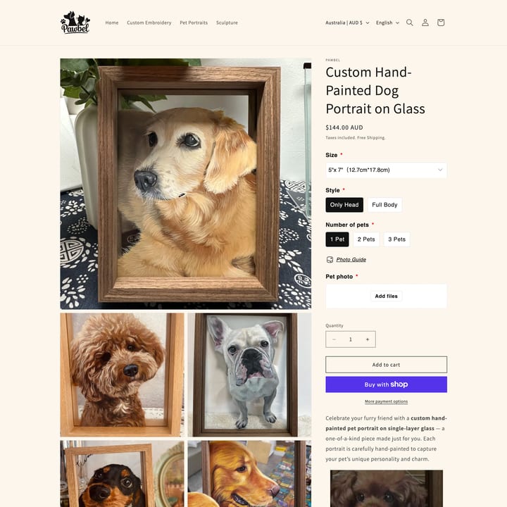 Pawbel Shopify store product customization example — pet with animals and engraving