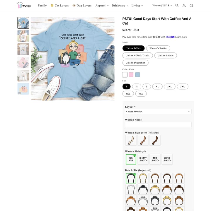 Pawsitee Shopify store product customization example — pet with pet and color picker