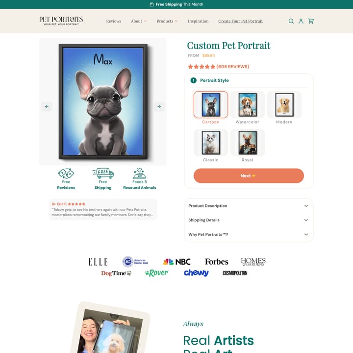 Pet Portraits Shopify store product customization example — pet with animals and custom print