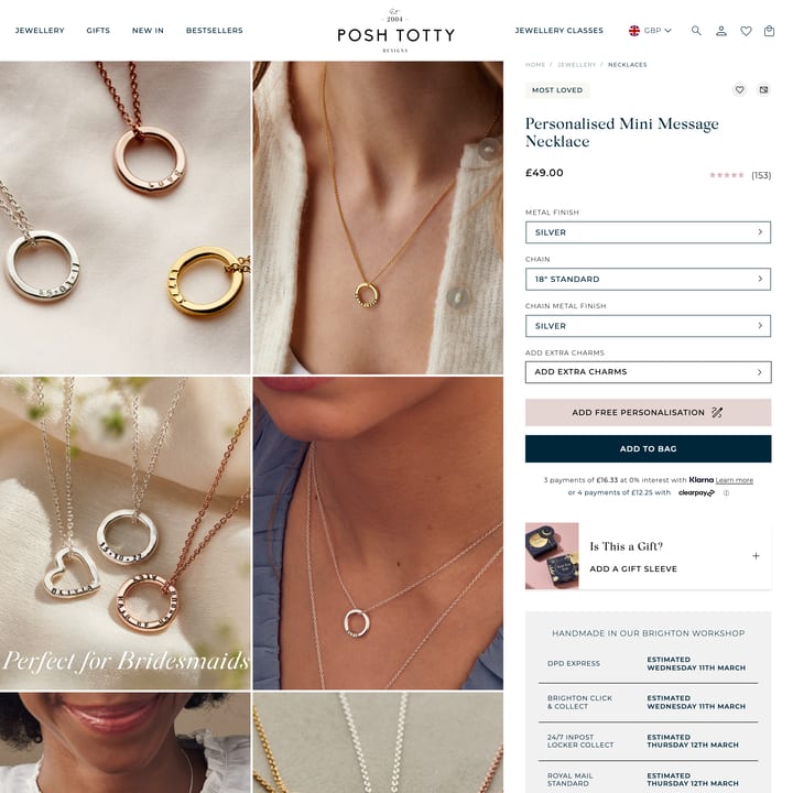 Posh Totty Designs Shopify store product customization example — jewelry with accessories and custom size