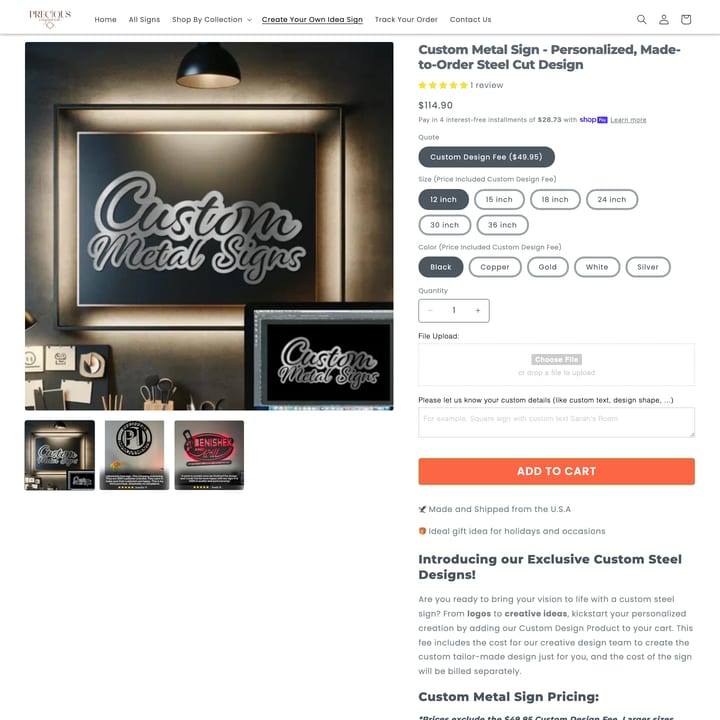 Precious Engraved Shopify store product customization example — gifts & occasions with engraving and gifts