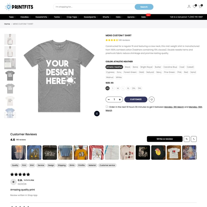 Printfits Shopify store product customization example — apparel with apparel and clothing