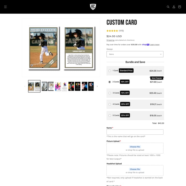 RC Custom Cards Shopify store product customization example — gifts & occasions with custom print and gifts