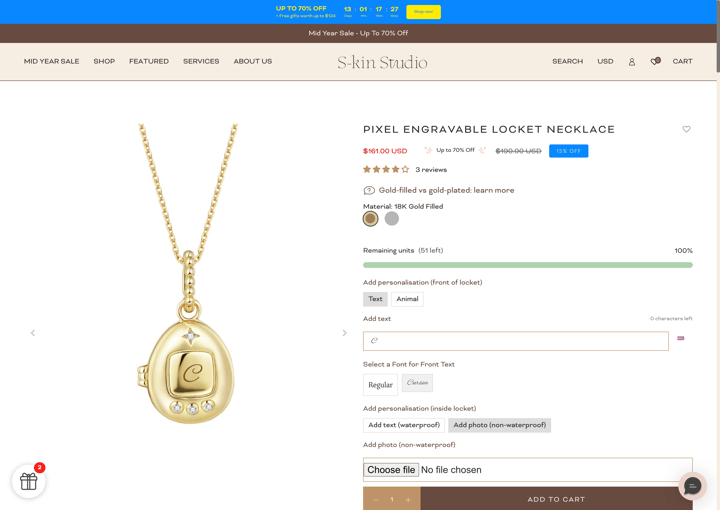 S-kin Studio Shopify store product customization example — jewelry with personalized and custom built