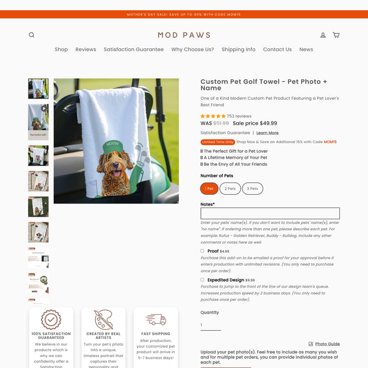 Mod Paws Shopify store product customization example — pet with animals and live preview