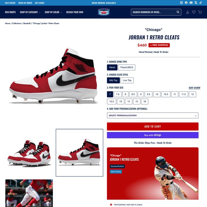 Stadium Custom Kicks Shopify store product customization example — sports & outdoors with active and custom size