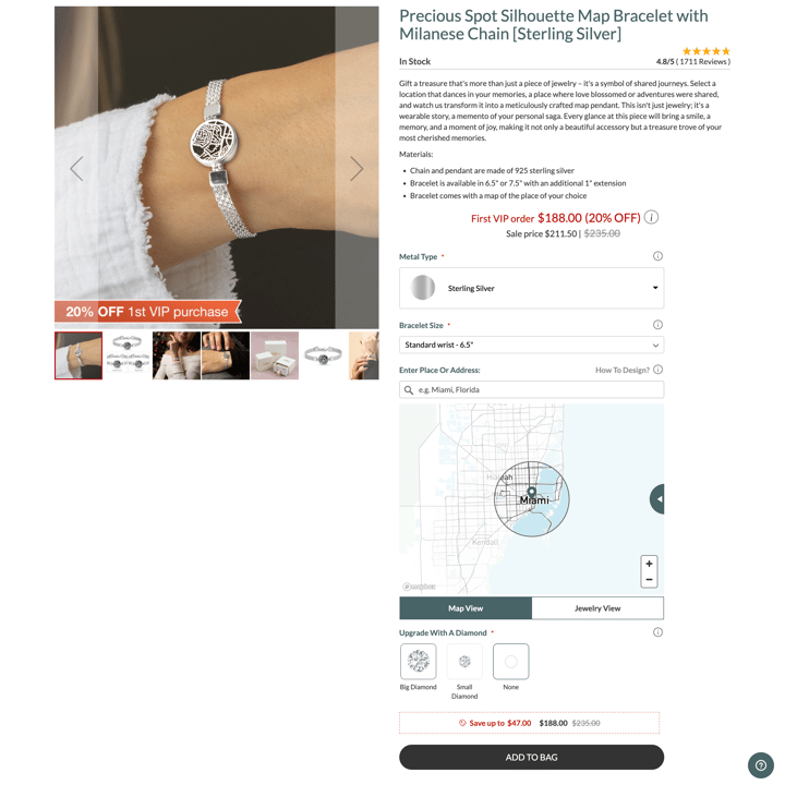 Talisa store product customization example — jewelry with accessories and color custom