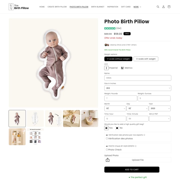 The Birth Pillow Shopify store product customization example — home decor with custom size and decor