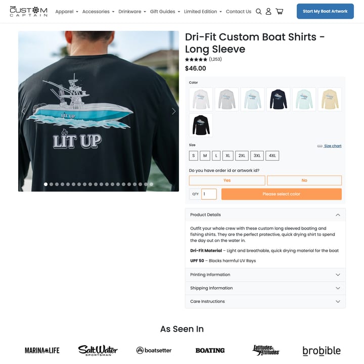 Custom Captain Shopify store product customization example — sports & outdoors with active and color custom