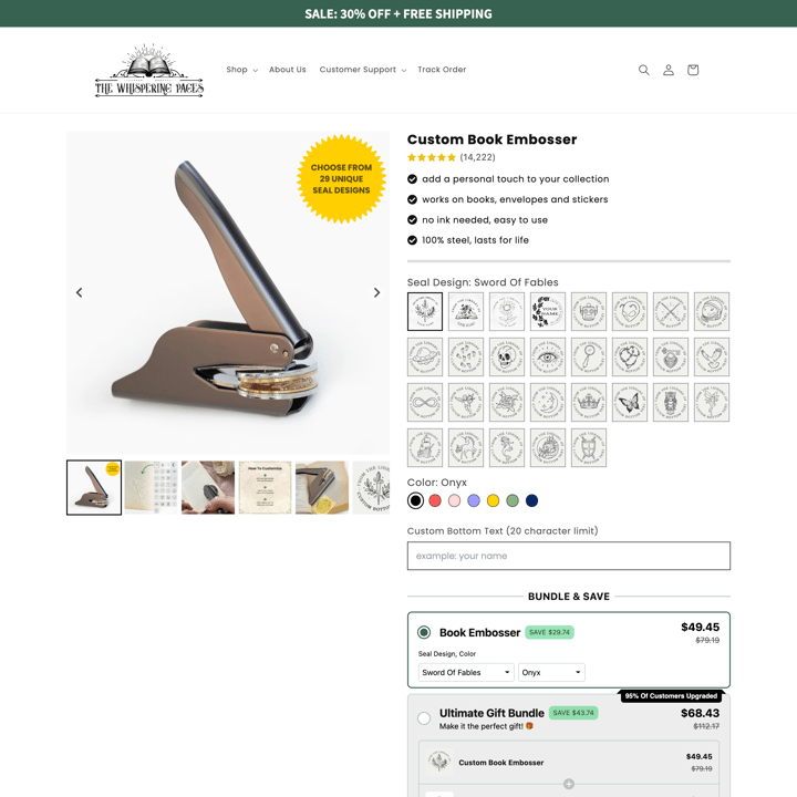 The Whispering Pages Shopify store product customization example — gifts & occasions with gifts and occasions