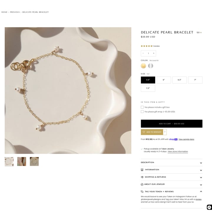 Token Jewelry Shopify store product customization example — jewelry with accessories and custom size