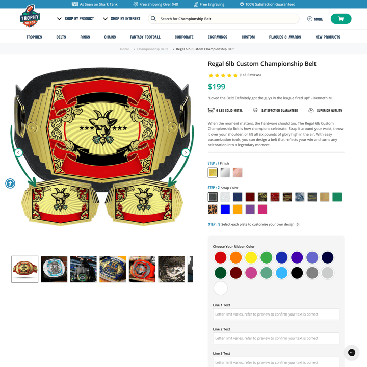 TrophySmack Shopify store product customization example — sports & outdoors with active and custom built