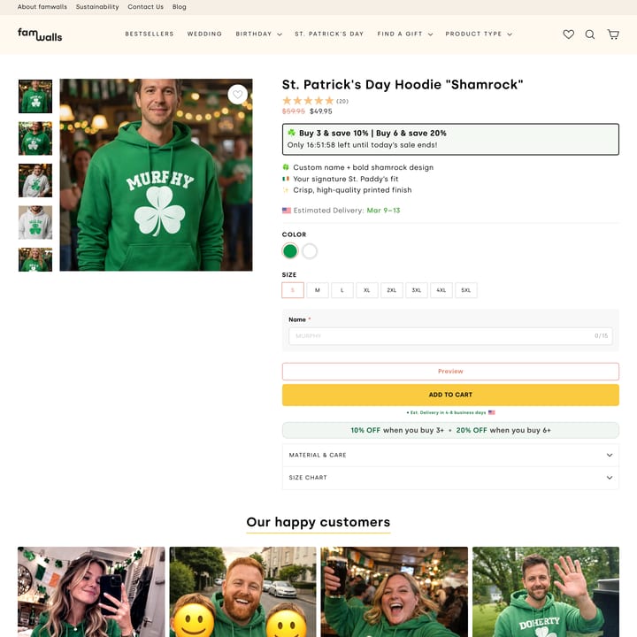 Famwalls Shopify store product customization example — apparel with color custom and decor