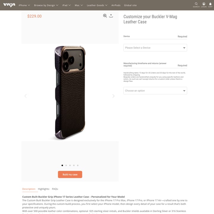 Vaja Shopify store product customization example — tech accessories with accessories and color custom