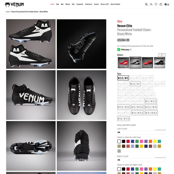 Venum Shopify store product customization example — apparel with apparel and clothing