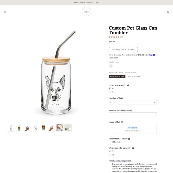 Wagged Tails Shopify store product customization example — pet with apparel and clothing
