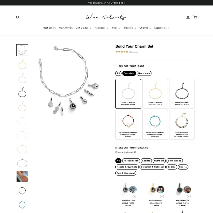 Wear Felicity Shopify store product customization example — jewelry with accessories and color custom