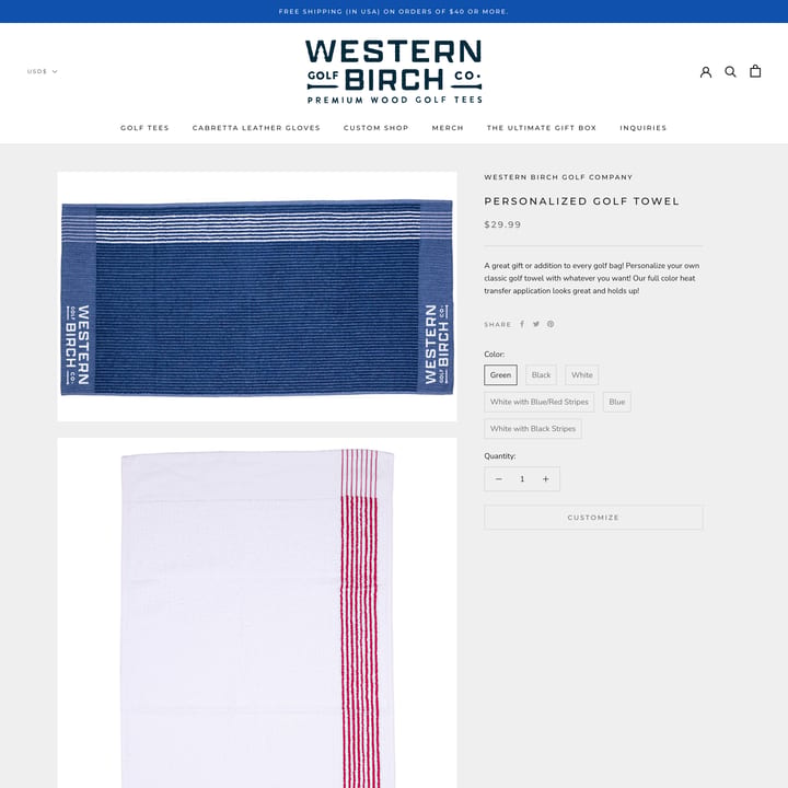 Western Birch Golf Company Shopify store product customization example — sports & outdoors with active and live preview