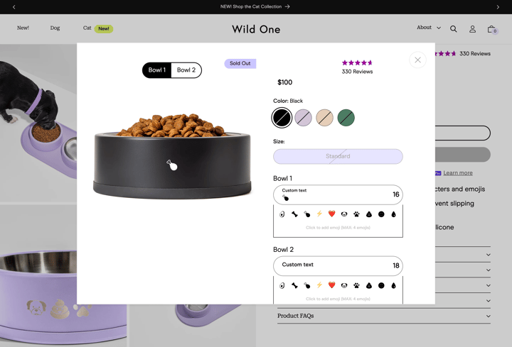 Wild One Shopify store product customization example — pet with personalized and pet