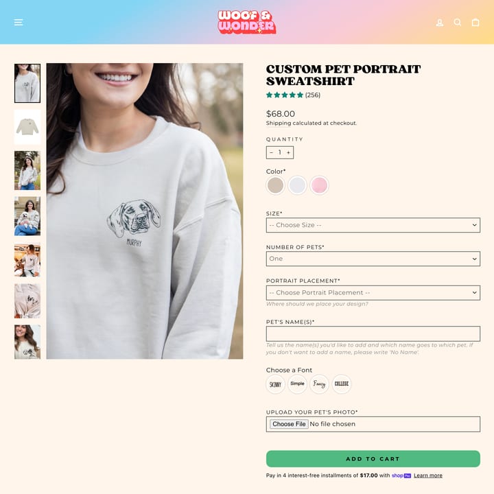 Woof + Wonder Shopify store product customization example — pet with animals and engraving