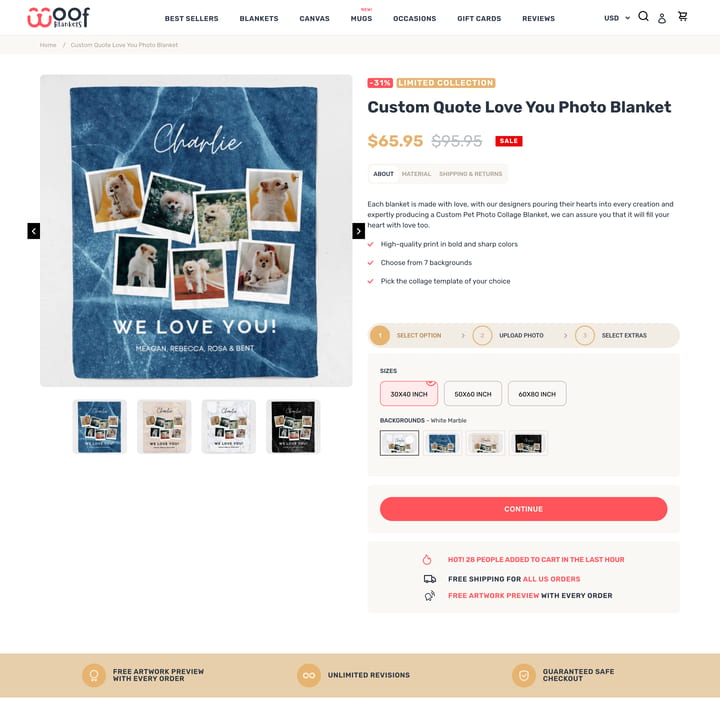 Woof Blankets Shopify store product customization example — home decor with custom print and custom size