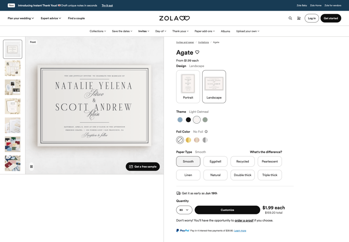 Zola store product customization example — gifts & occasions with personalized and color custom