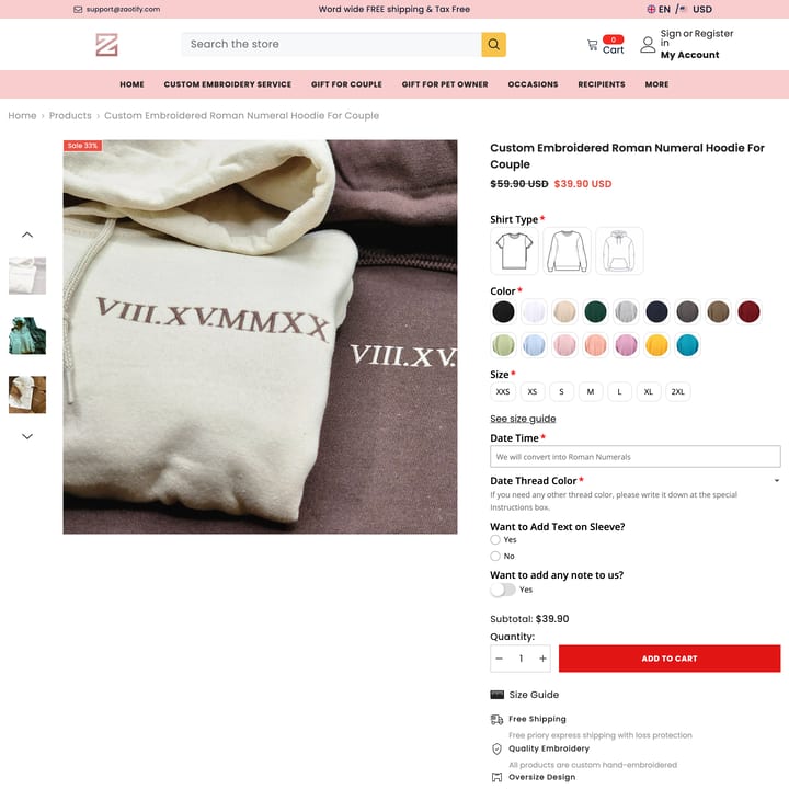 zaotify Shopify store product customization example — apparel with apparel and color picker